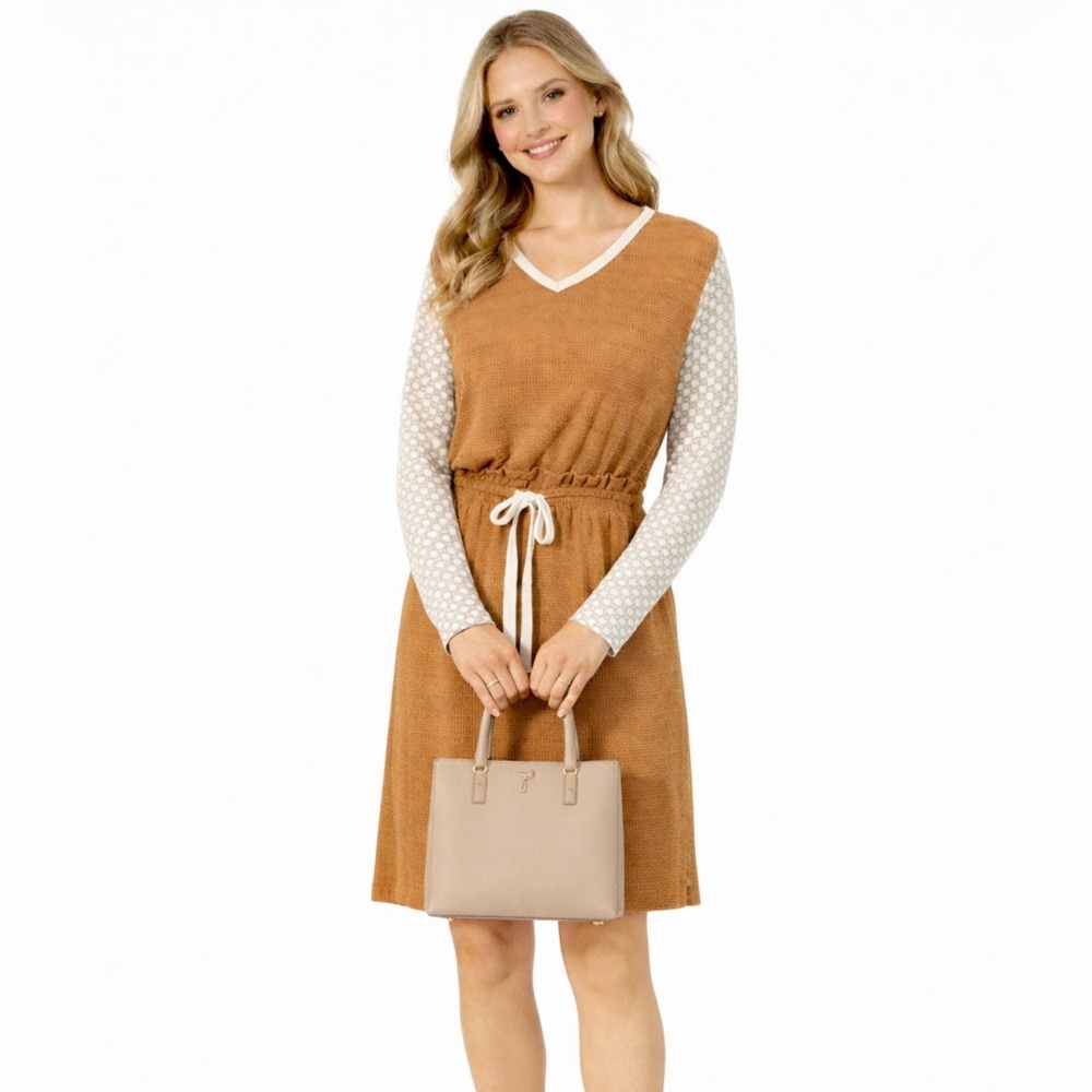 Roolee Camel Brown Midi Dress with Cream Dot Sleeves